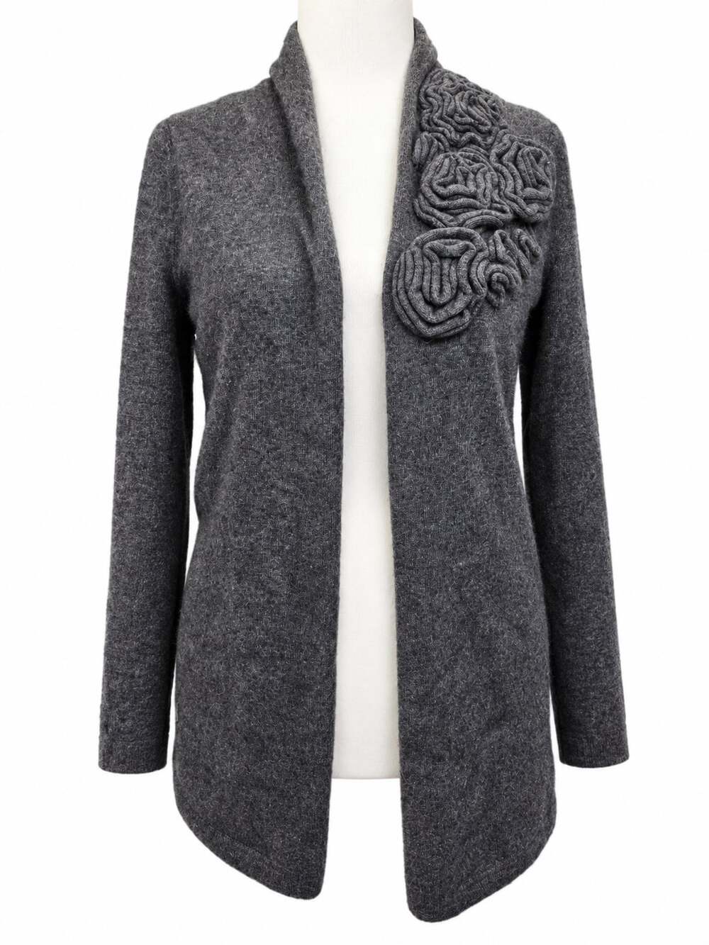 Cynthia Rowley Angora Cardigan Sweater M Gray Rosette Floral Quiet Luxury